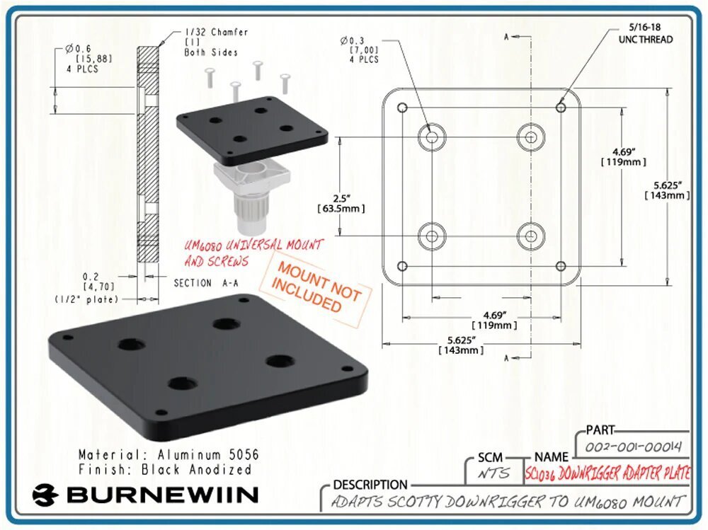 Burnewiin Bases & Adapters SC1036 Downrigger Adapter Plate