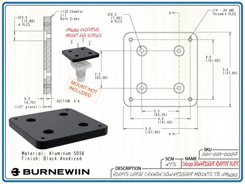 Burnewiin Bases & Adapters CN2207 Cannon Downrigger Adapter Plate
