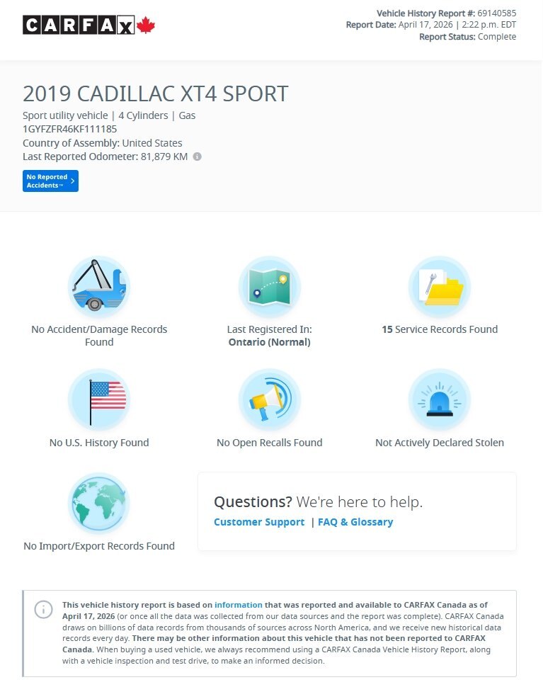 2019 CADILLAC XT4 AWD SPORT / $261.22 BIWEEKLY INCLUDING TAX / PANORAMIC SUNROOF / HEATED FRONT AND REAR SEATS