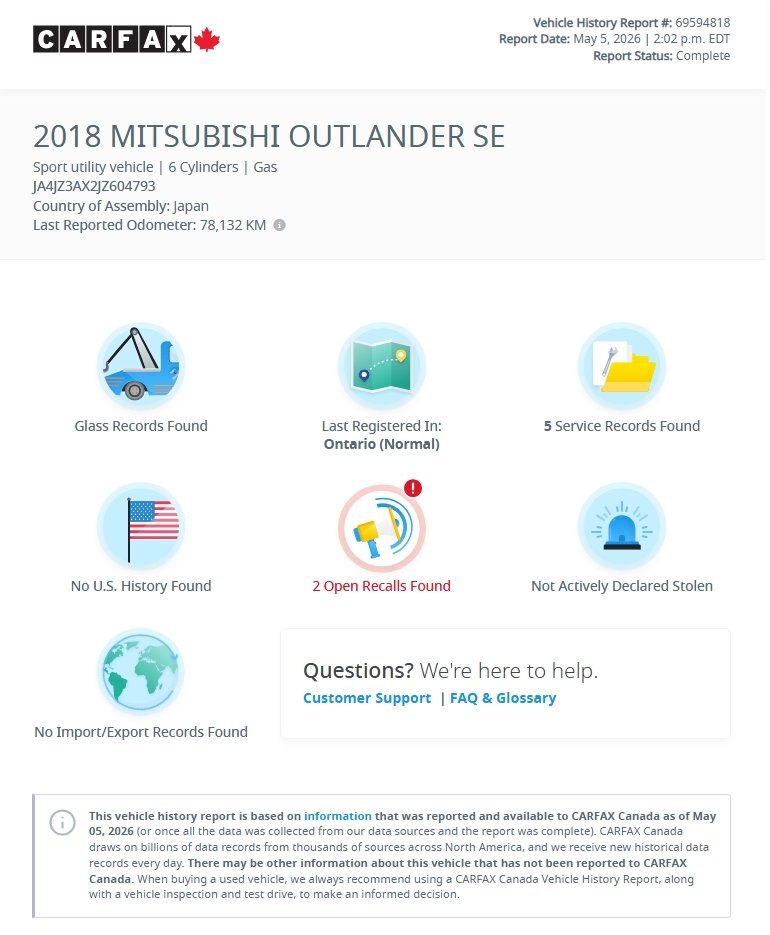 2018 MITSUBISHI OUTLANDER SE ANNIVERSARY EDITION / $274.67 BIWEEKLY INCLUDING TAX / 7 PASSENGER / HEATED STEERING WHEEL