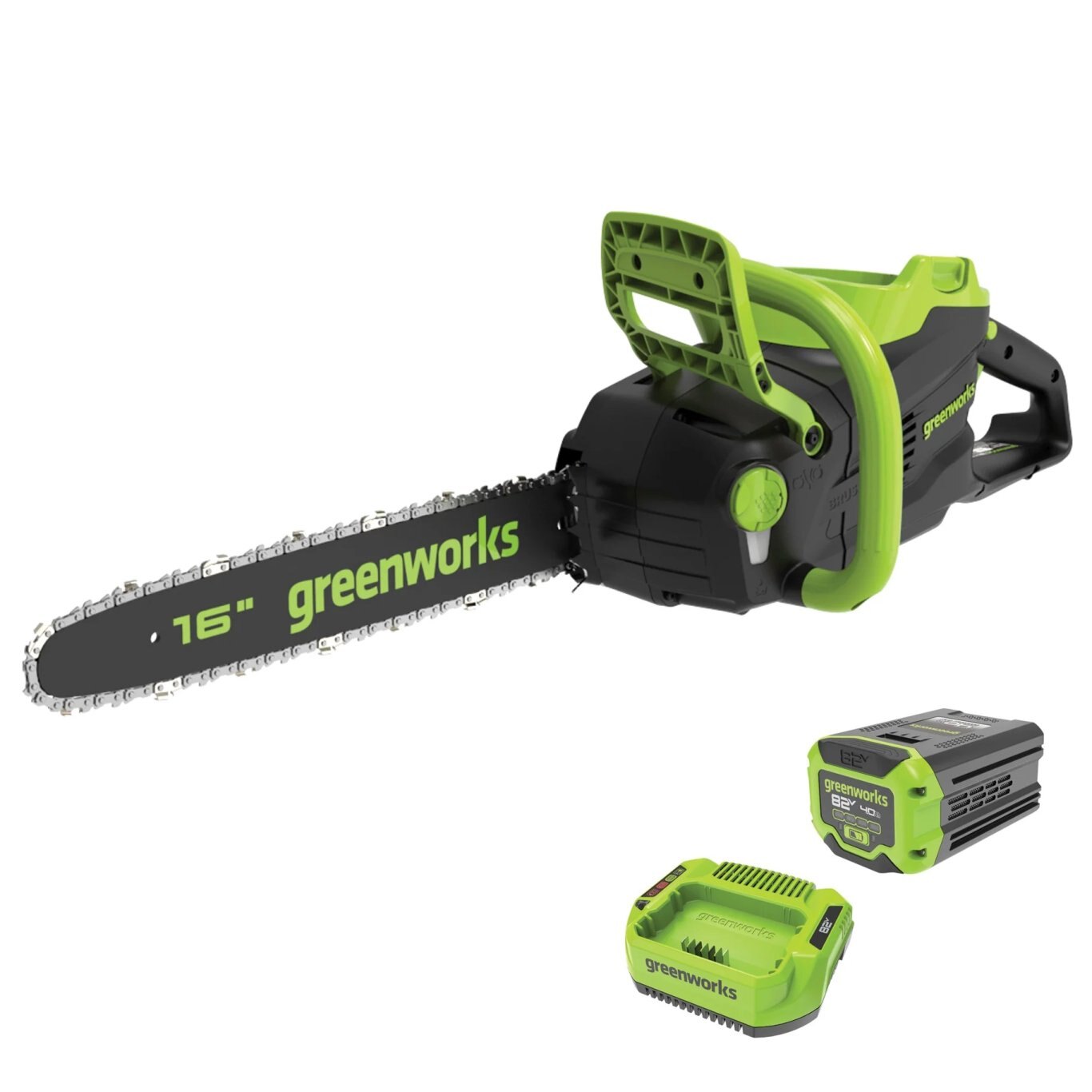 Greenworks 82V Chainsaw with 2Ah Battery and Single Port Charger | CS82410