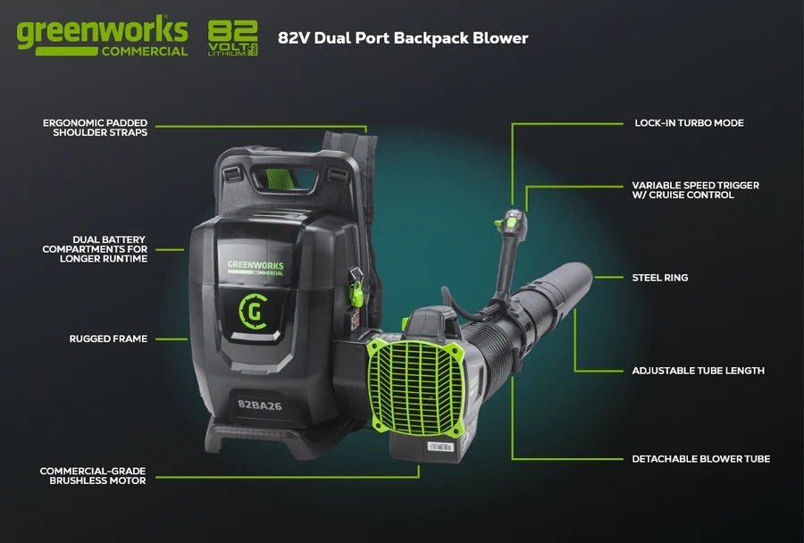 Greenworks 82V Dual Port Backpack Blower with Two 5Ah Batteries and Dual Port Charger | 82BA26 52DP