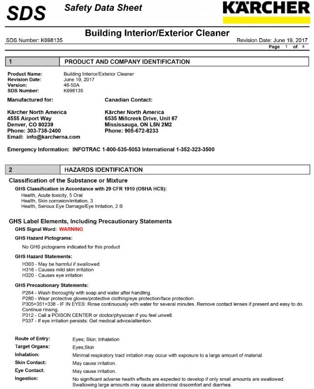 Building Interior Exterior Cleaner Safety Data Sheets