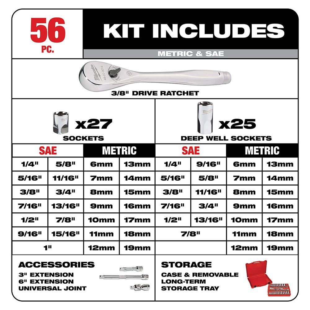 3/8 in. Drive 56 pc. Ratchet & Socket Set SAE & Metric