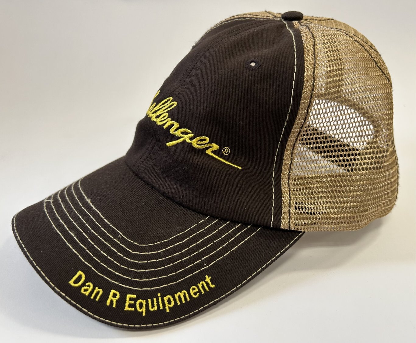 Brown Challenger Hat Yellow DanR Equipment Embroidered On Rim Brown Mesh Back