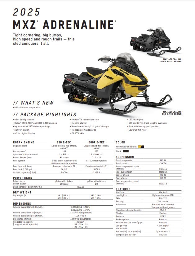 2025 Ski Doo MXZ Adrenaline 600R 129