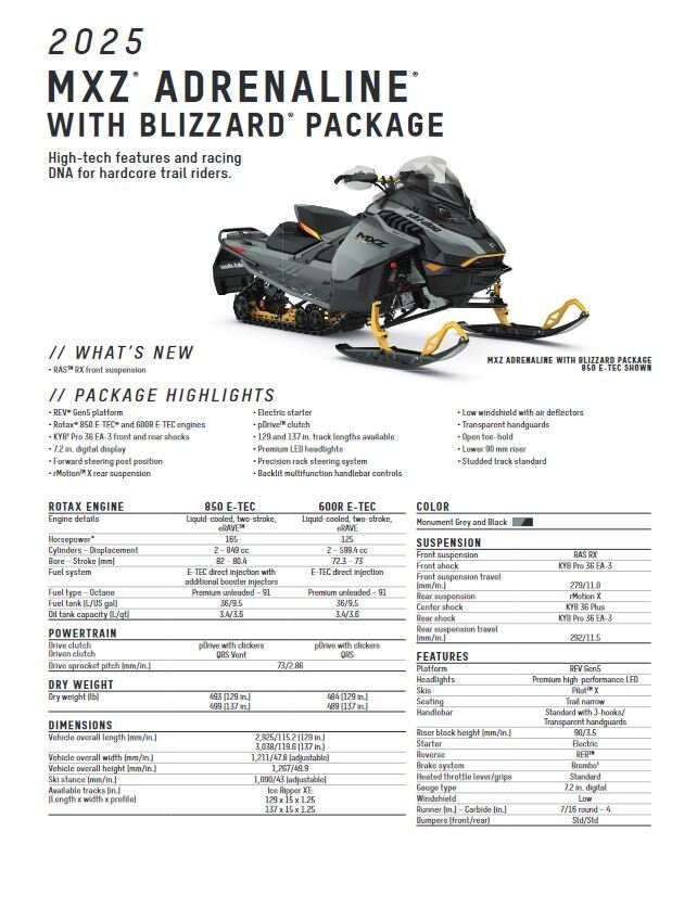 2025 Ski Doo MXZ Adrenaline 600R with Blizzard Package