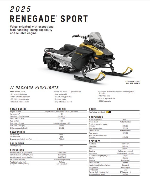 2025 Ski Doo Renegade Sport 600 Ace