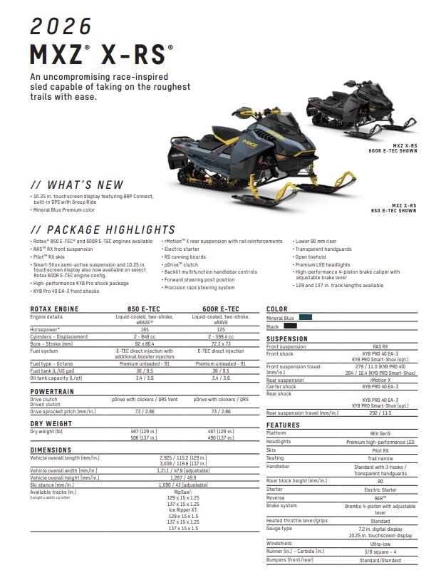 2026 Ski Doo MXZ X RS 129 850 E TEC Ice Ripper XT 1.5 E.S. w/ Smart Shox w/ 10.25 Touchscreen