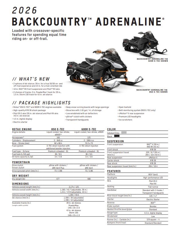 2026 Ski Doo Backcountry Adrenaline 600R E TEC Storm 150 1.5 E.S.