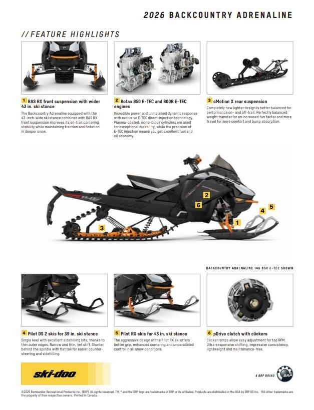 2026 Ski Doo Backcountry Adrenaline 600R E TEC Storm 150 1.5 E.S.