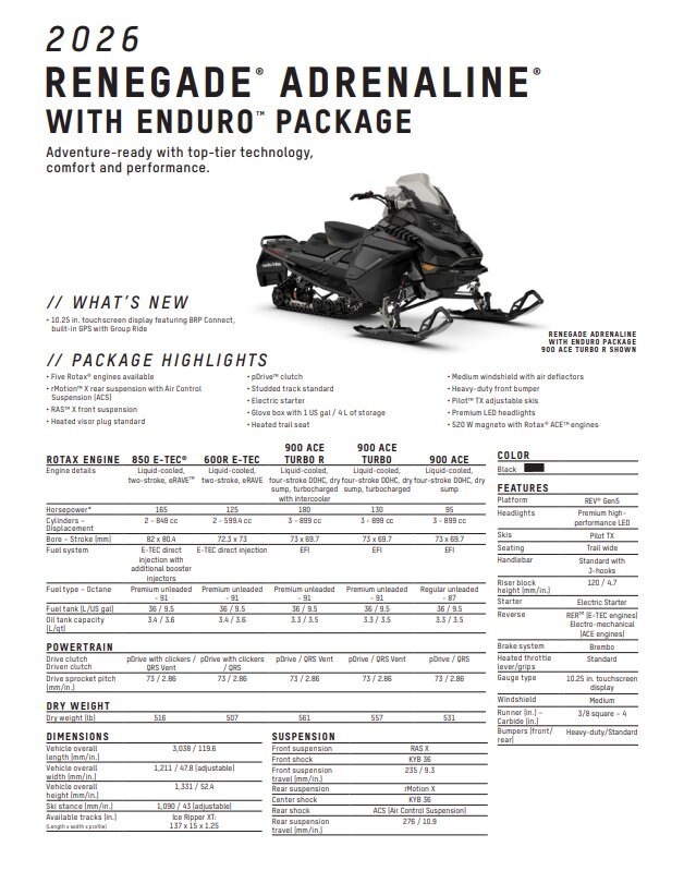 2026 Ski Doo Renegade Adrenaline avec Enduro Package 850 E TEC Ice Ripper XT 1.25 E.S. avec écran tactile 10.25