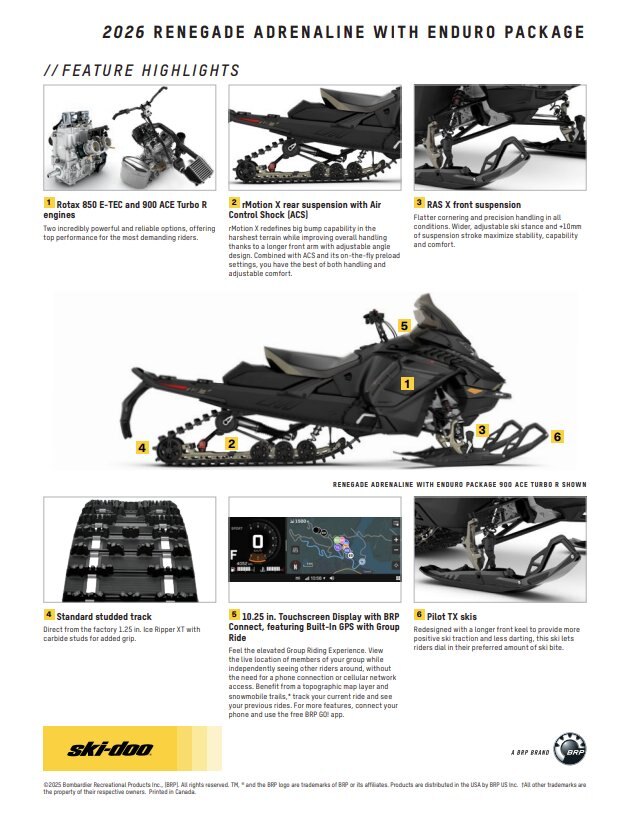 2026 Ski Doo Renegade Adrenaline avec Enduro Package 850 E TEC Ice Ripper XT 1.25 E.S. avec écran tactile 10.25