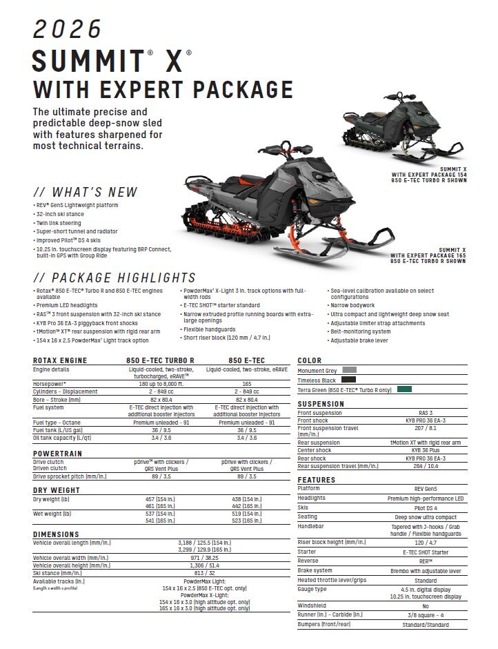 2026 Ski Doo Summit X w/ Expert Pkg 154 850 E TEC Turbo R PowderMax X Light 3.0 SHOT w/ 10.25 Touchscreen