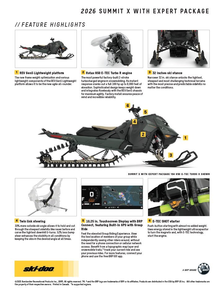 2026 Ski Doo Summit X w/ Expert Pkg 154 850 E TEC Turbo R PowderMax X Light 3.0 SHOT w/ 10.25 Touchscreen