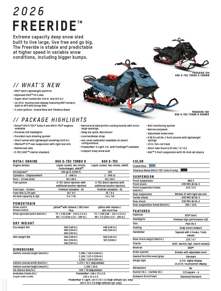 2026 Ski Doo Freeride 154 850 E TEC Turbo R PowderMax X Light 3.0 SHOT avec écran tactile 10.25