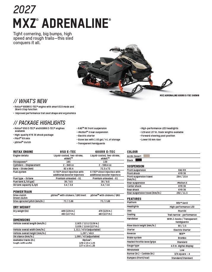 2027 Ski Doo MXZ Adrenaline 137 850 E TEC RipSaw 1.25 E.S.