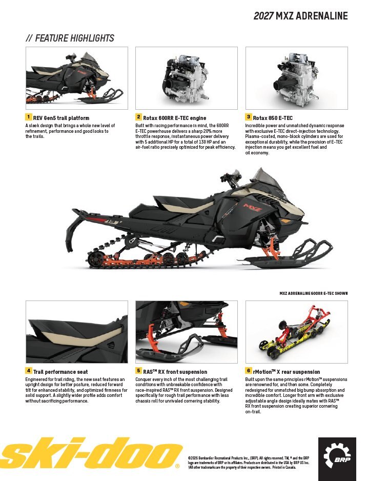 2027 Ski Doo MXZ Adrenaline 137 850 E TEC RipSaw 1.25 E.S.
