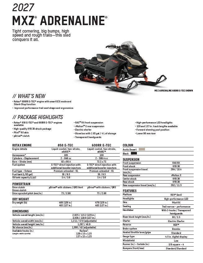 2027 Ski Doo MXZ Adrenaline 137 600RR E TEC RipSaw 1.25 E.S.