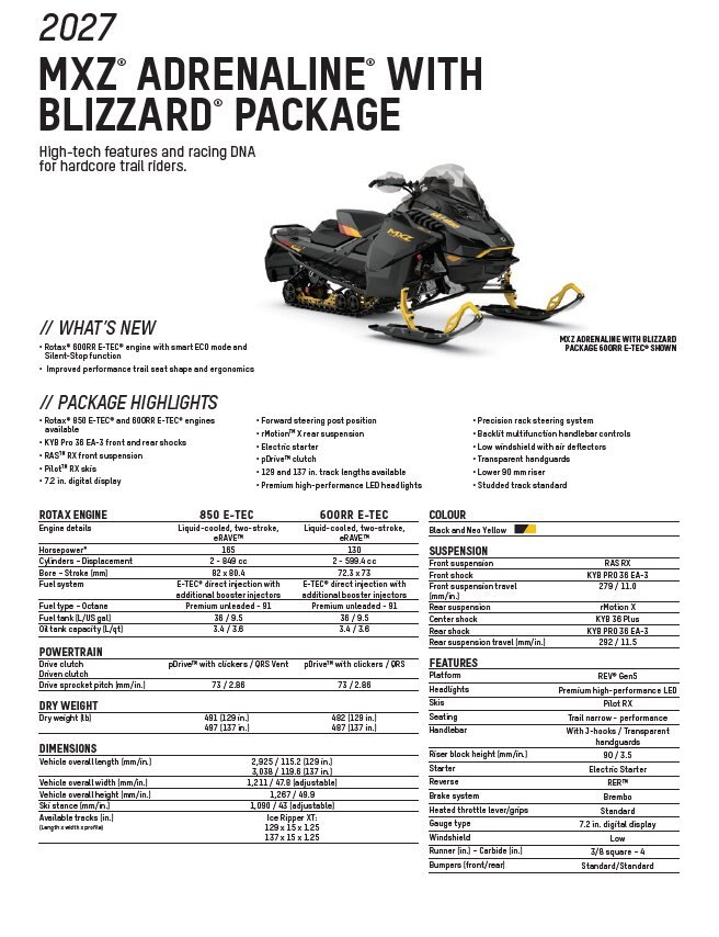 2027 Ski Doo MXZ ADR w/ Blizzard Pkg 137 600RR E TEC Ice Ripper XT 1.25 E.S.