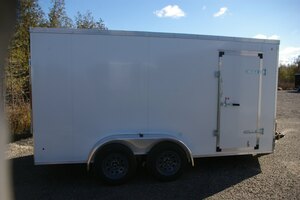2026 7X14 CARGO TRAILER, TANDEM AXLE, REAR RAMP, 84, REAR RAMP, STEEL, WHITE, 10141GVWR 