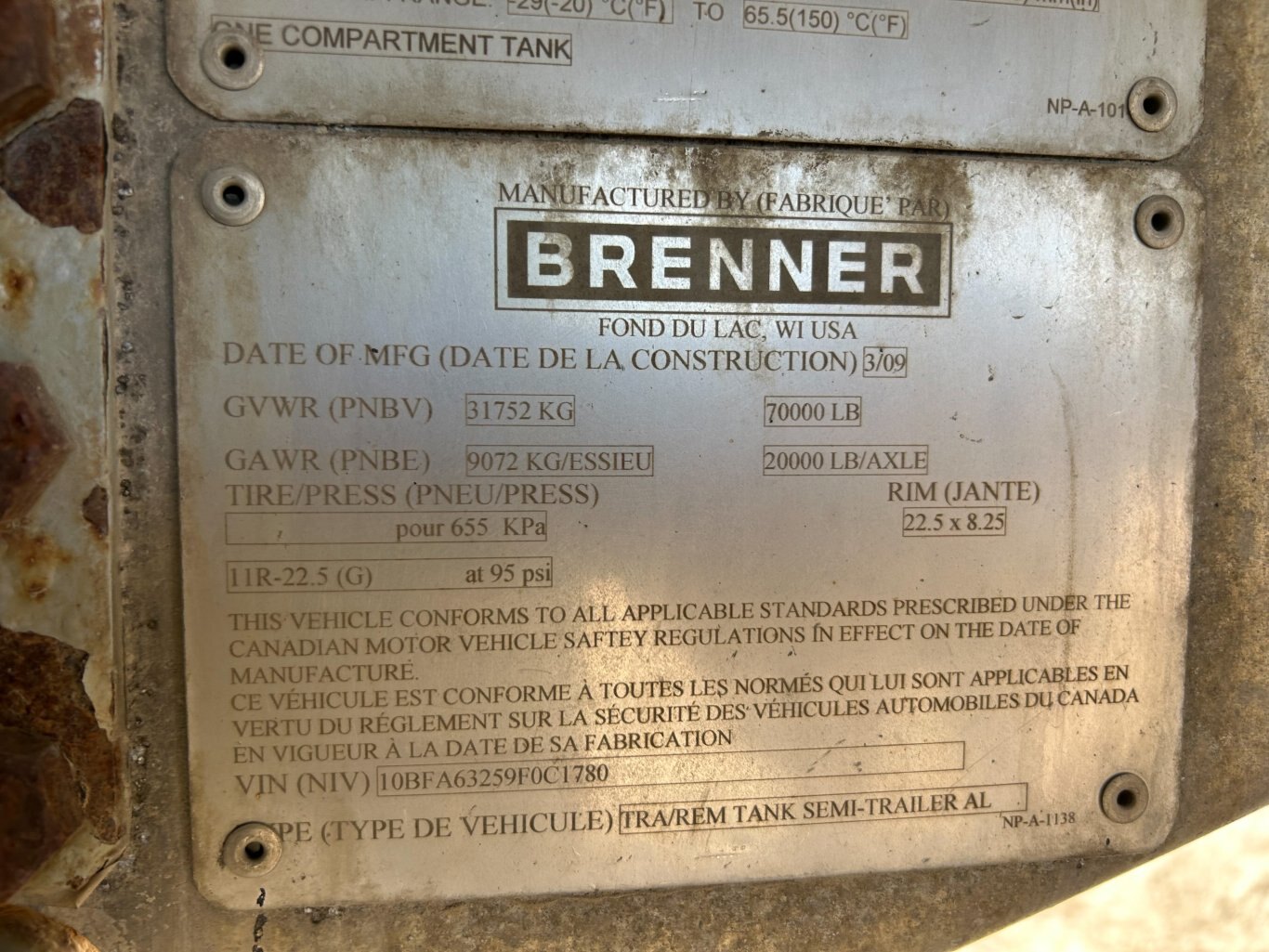 2009 Brenner TC 407 Aluminum Super B Tank Trailers