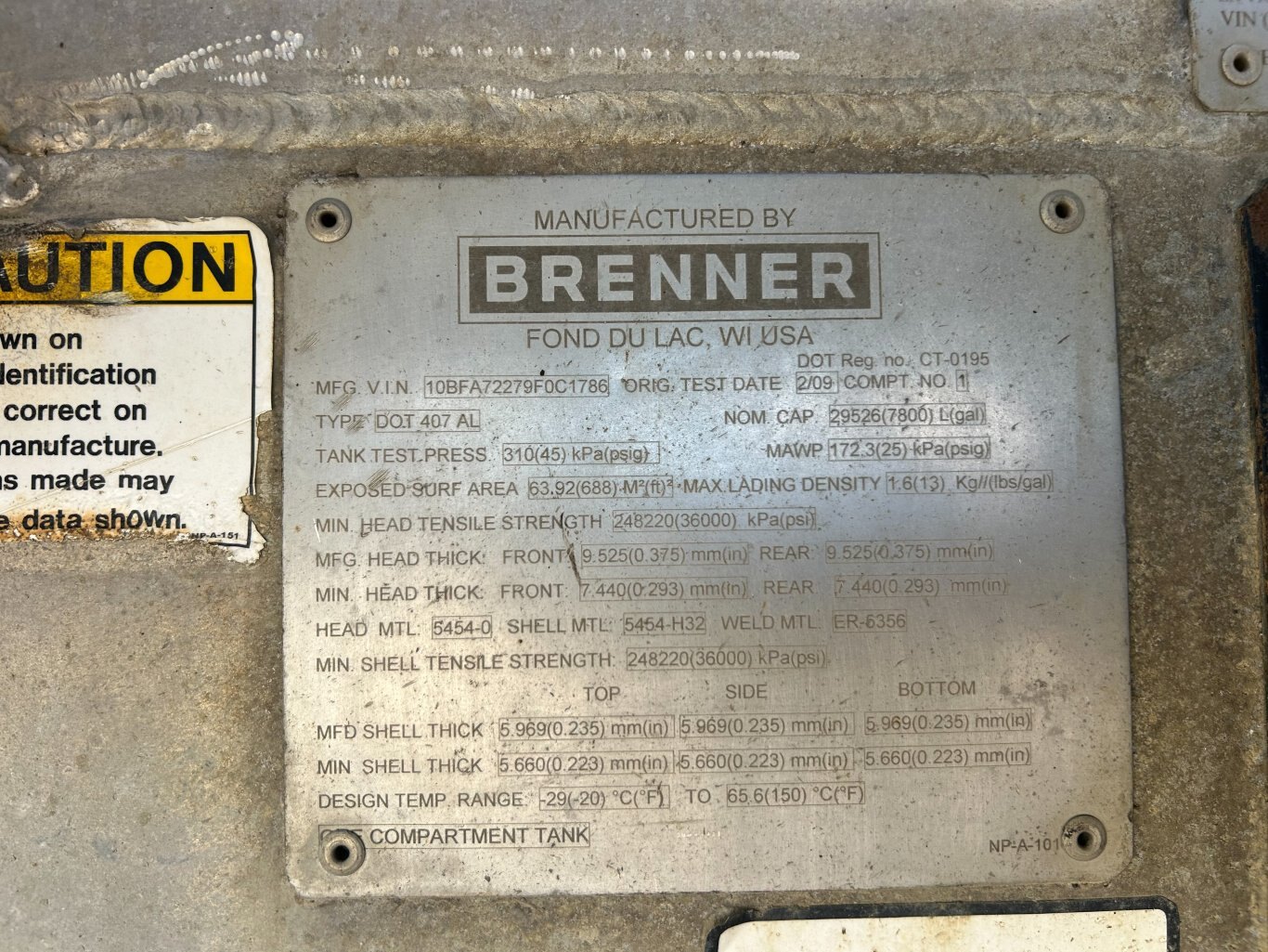 2009 Brenner TC 407 Aluminum Super B Tank Trailers