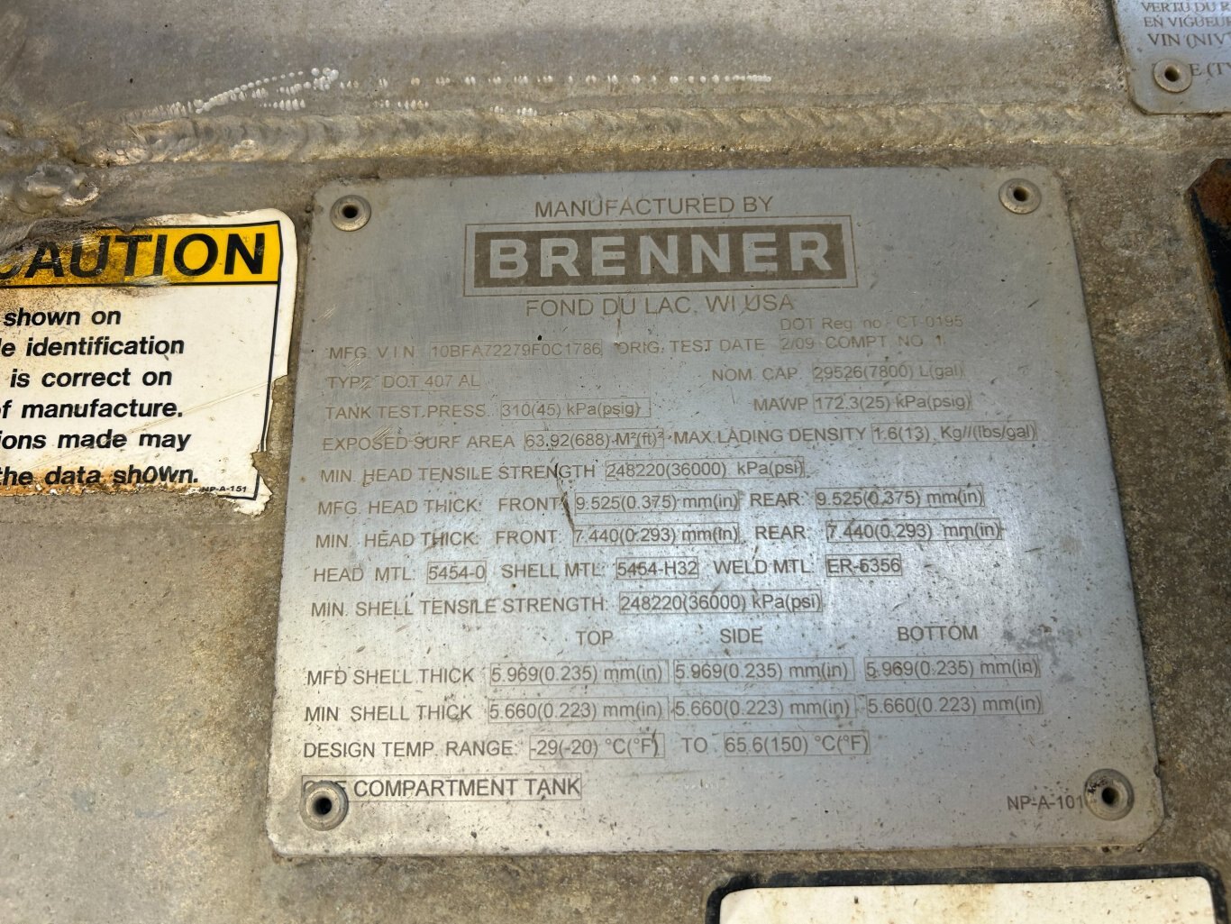 2009 Brenner TC 407 Aluminum Super B Tank Trailers