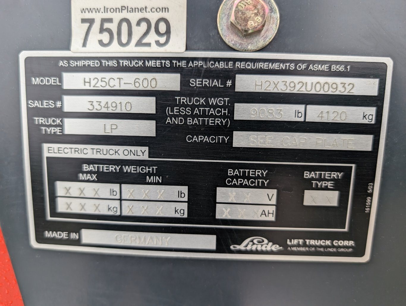 2007 Linde H25C 5000 lb Propane Forklift