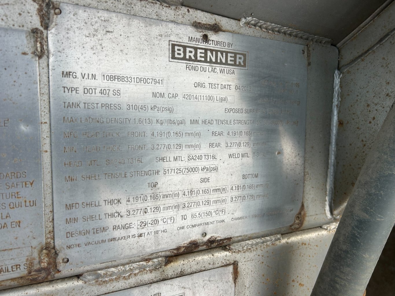 2013 Brenner TC407 42 m3 Stainless Steel Tridem Taker Trailer