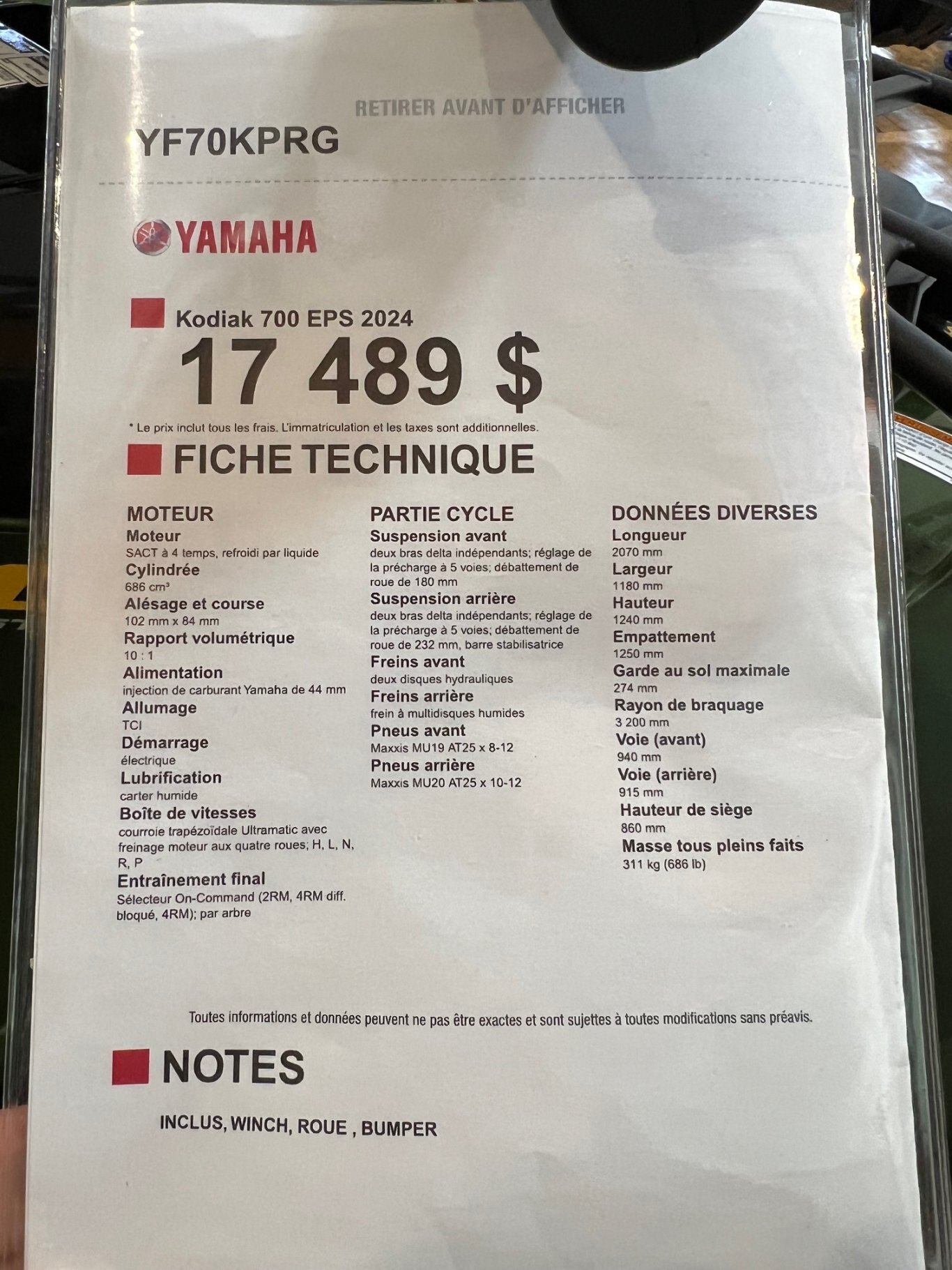 VTT Yamaha Kodiak 700 EPS 2024 Vert avec ajout du Treuil, Pare Chocs Avant & Arrière et Jantes Noir avec pneus agressifs.