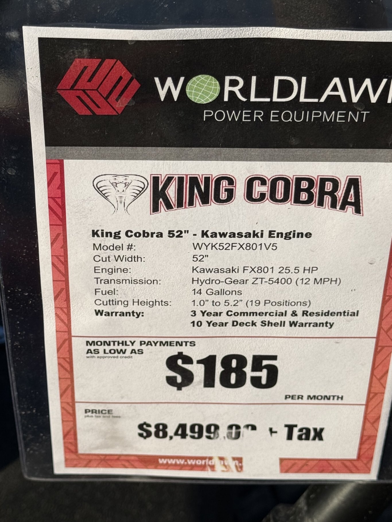 Worldlawn King Cobra 52 FX801V