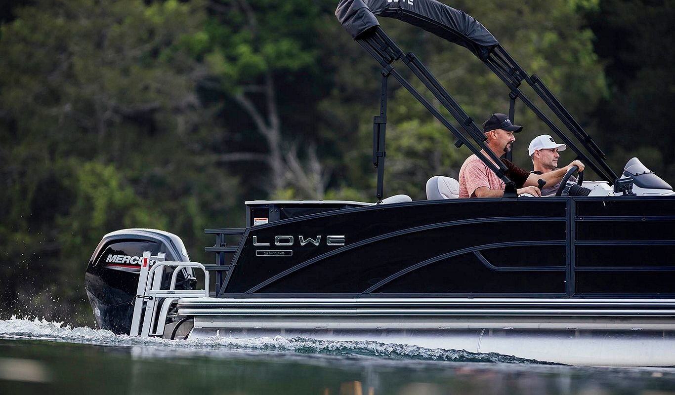 2025 Lowe Boats SF194 Black Metallic Exterior Gray Upholstery with Blue Accents