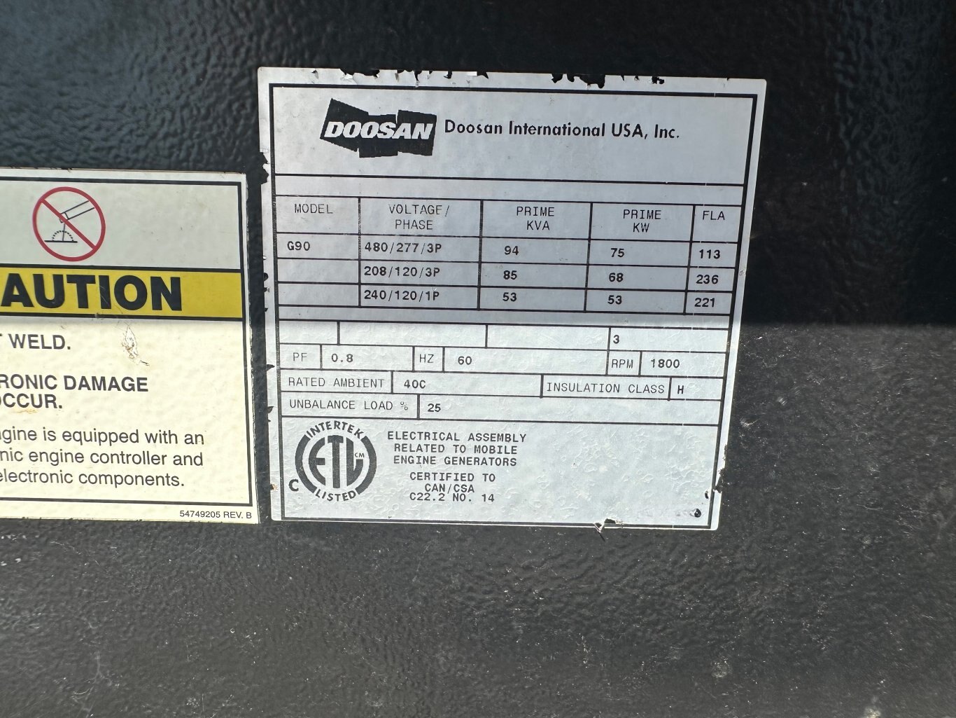 2012 DOOSAN G90 Generator with Transformer and Transfer Switch 8921 JA