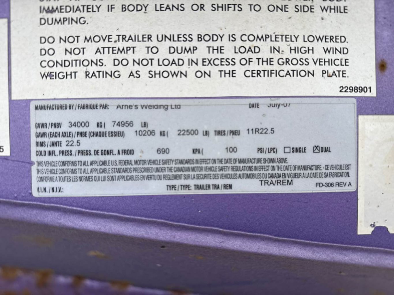 2007 Arnes 440 Quad Wagon End Dump Trailer #9529 JA