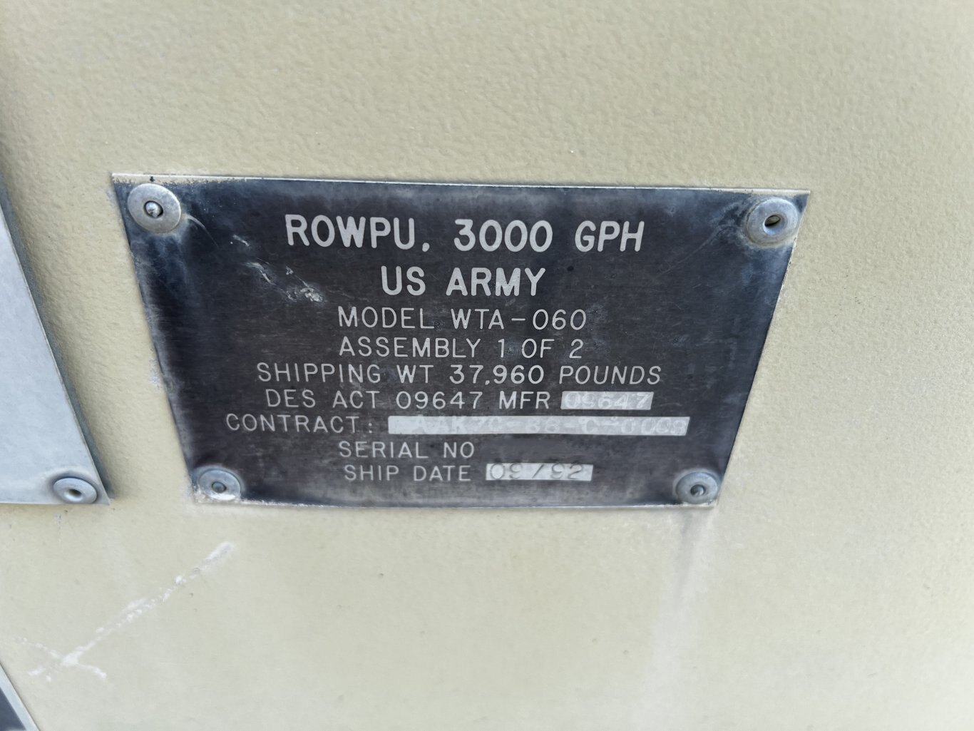 1992 Rowpu WTA 060 Reverse Osmosis Water Purification Unit • Water Treatment Plant • 3000 GPH US Army #9960 BP