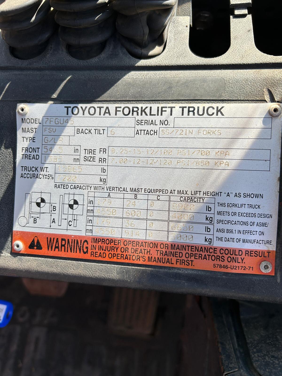 2005 Toyota 7FGU45 Fork Lift #11091 AS