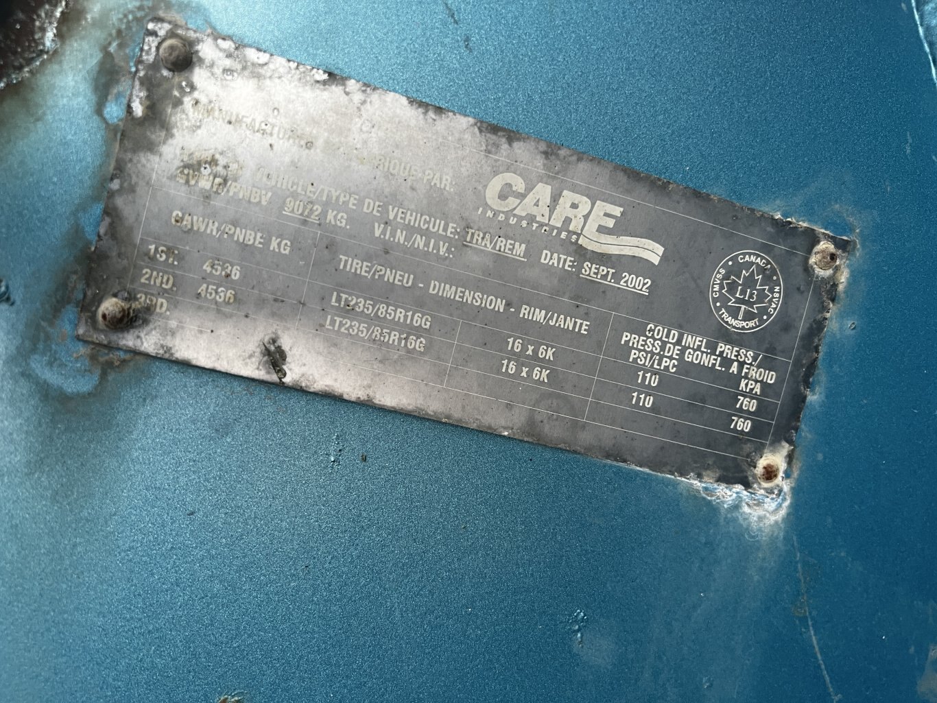 2002 Care Industries 12m3 Blow Back Tank Trailer Tandem Axle #11287 BP