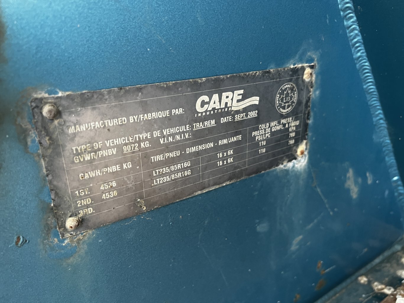 2002 Care Industries 12m3 Blow Back Tank Trailer Tandem Axle #11287 BP