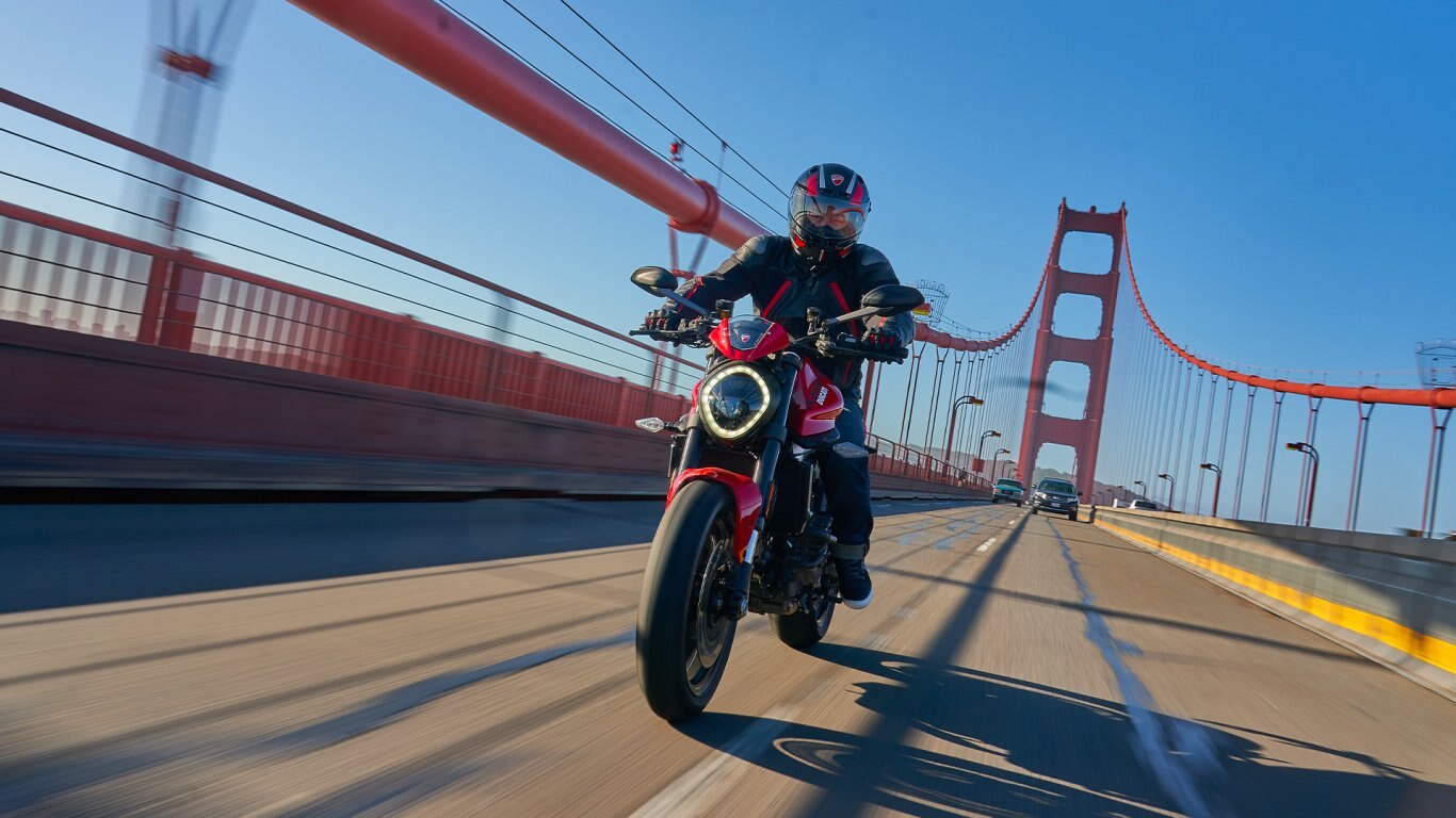 2025 Ducati Monster + Aviator Grey with GP Red wheels