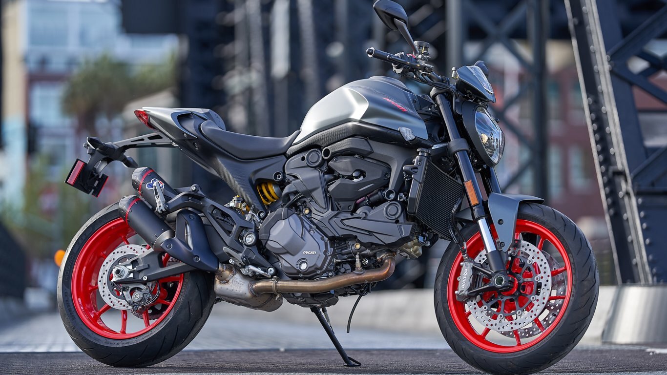 2025 Ducati Monster + Aviator Grey with GP Red wheels