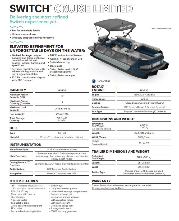 2025 Sea Doo SWITCH CRUISE LTD 21' 230HP