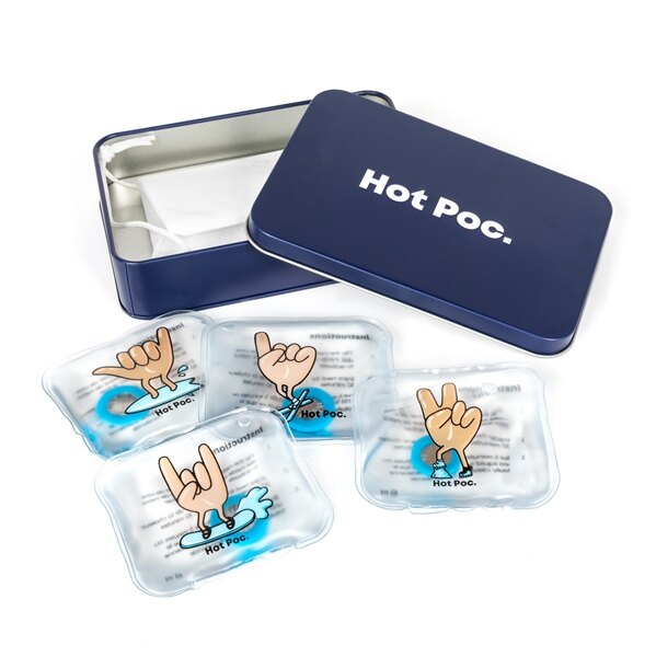 Kit de 4 chauffe-mains Hot Poc comprenant 4 illustrations Hot Poc Ski/Randonnée/Surf/Neige régulières + disque en silicone 30 minutes