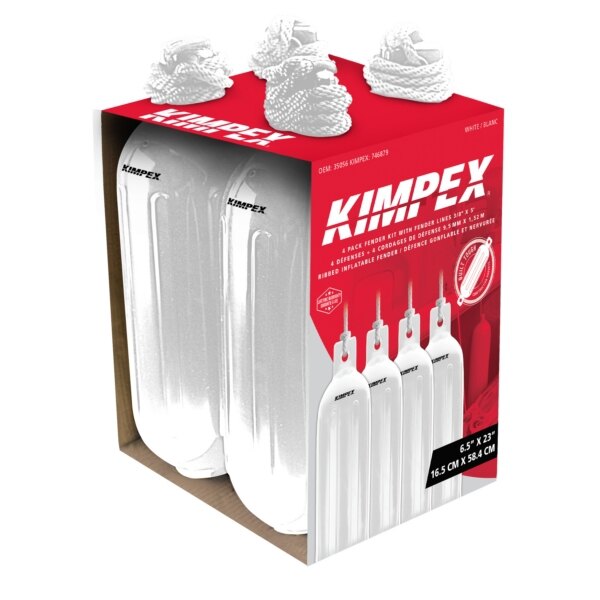 KIMPEX Inflatable Vinyl Fender Kit of 4 White 23″ 6.5″ Boat 20' to 25'