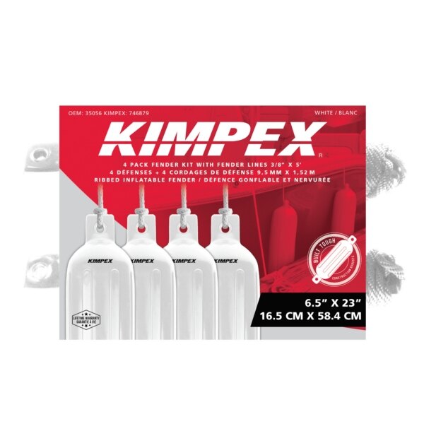 KIMPEX Inflatable Vinyl Fender Kit of 4 White 23″ 6.5″ Boat 20' to 25'