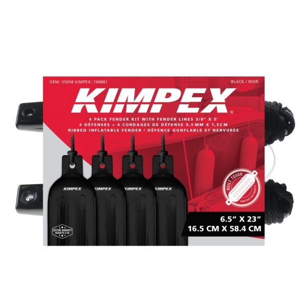 KIMPEX Inflatable Vinyl Fender Kit of 4 Black 23″ 6.5″ Boat 20' to 25'