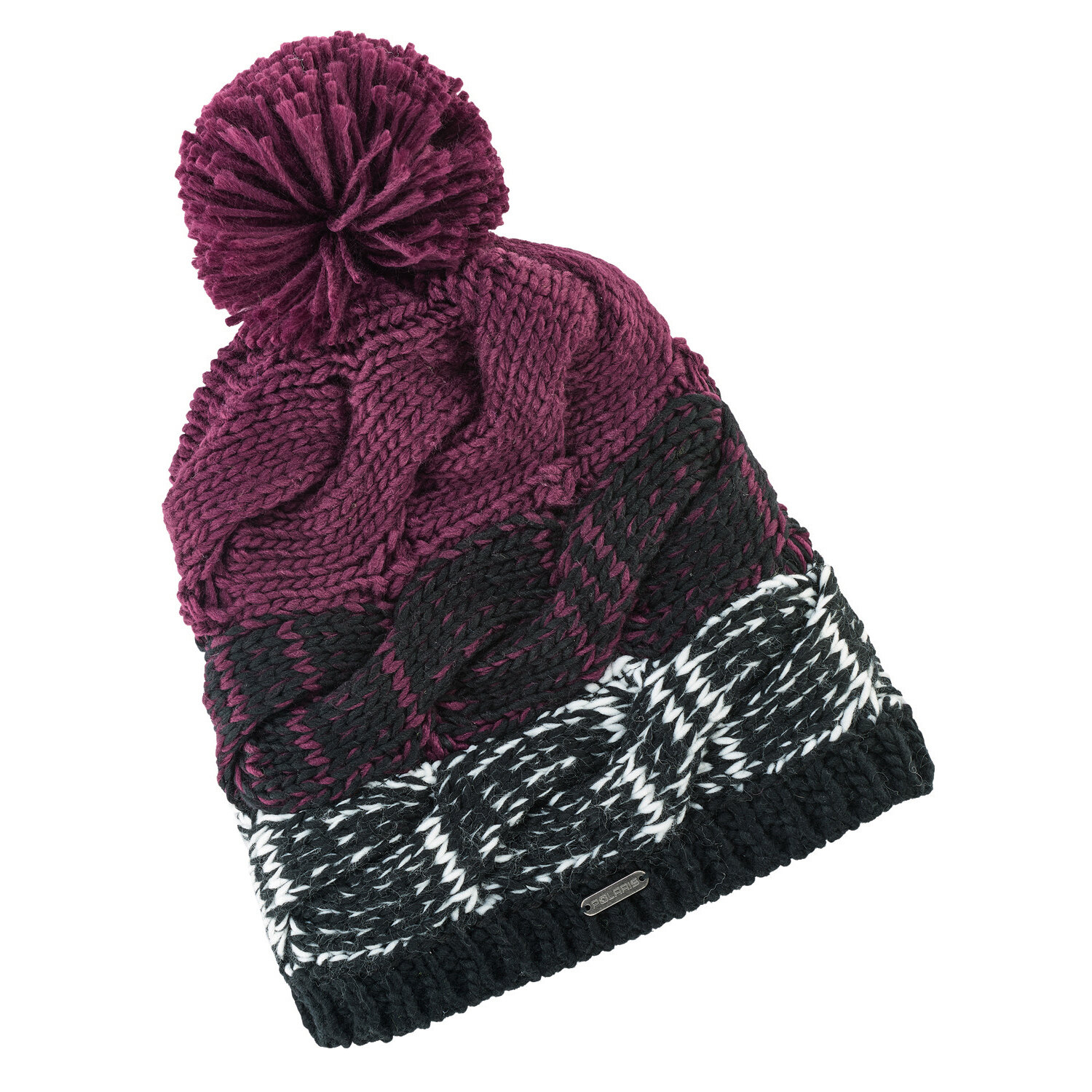 Women's Cable Beanie with Pom Pom, Black/Purple Berry