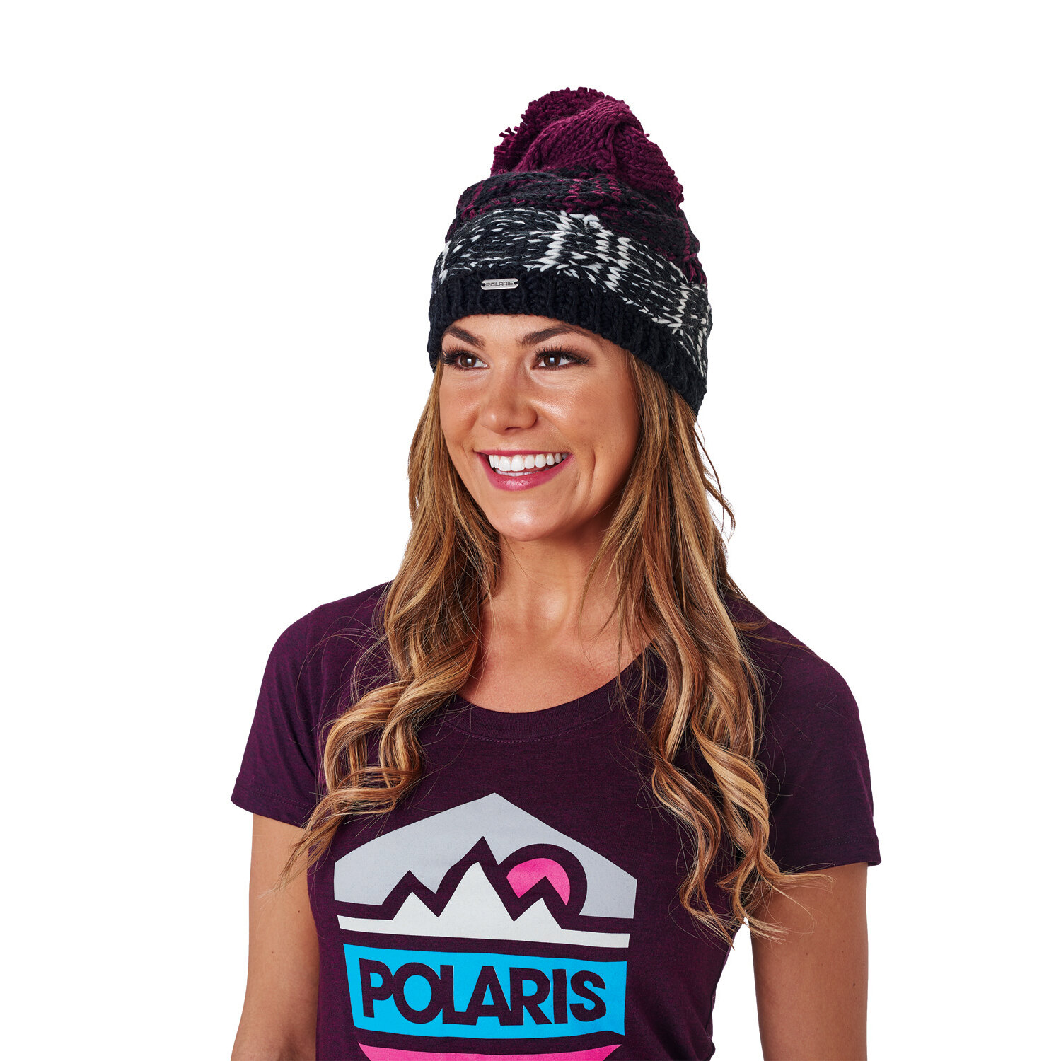 Women's Cable Beanie with Pom Pom, Black/Purple Berry