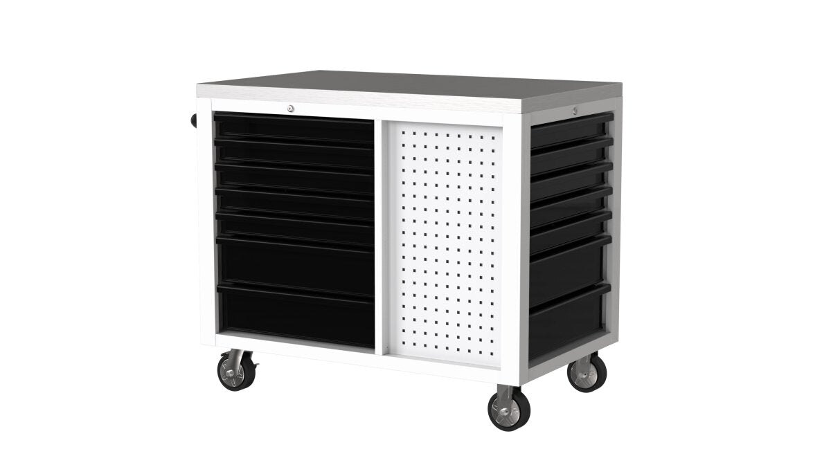 45" 12 Drawer Workstation with Stainless Steel Top & Customizable Drawer Trim (White Body & Black Drawers)