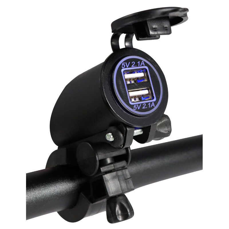 USB CHARGER 2X2.1A FOR HANDLE BAR BLUE LED